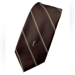 YSL Tie Dark Brown with Thin Light Brown Tan Stripe Luxury Tie with Logo